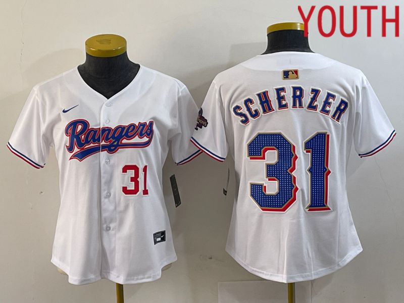 Youth Texas Rangers #31 Scherzer White Champion Game Nike 2024 MLB Jersey style 4